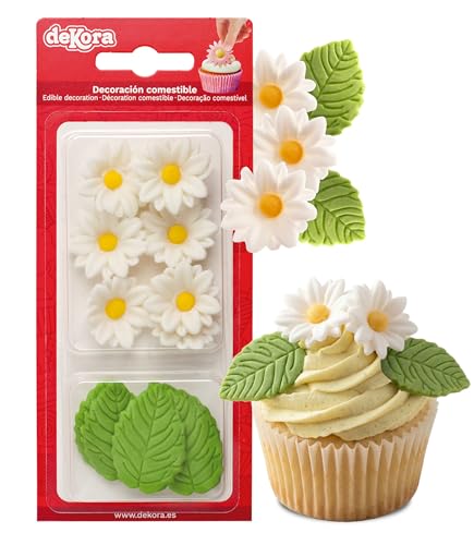 Dekora - Caja de Flores de Azucar con 7 Margaritas Blancas y 5 Hojas Verdes - Figuras Comestibles para Tartas - Decoracion Tarta Cumpleaños de Azúcar