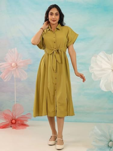 Image of Amazon Brand - INKAST Women Wide Shirt Collared Solid A -line Bottun Down Maxi Dress with Tie Belt | Flared Short Sleeve Summer Outfits | 100% Cotton | Casual Wear | One Piece