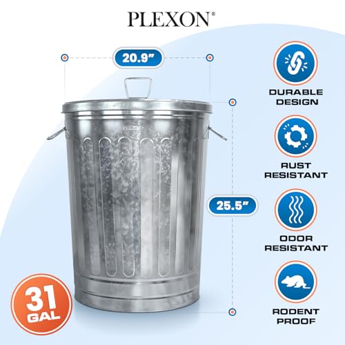 Plexon Metal Trash Can with Lid Outdoor 31 Gallon Galvanized Trash Can with Lid and Handles Round Silver