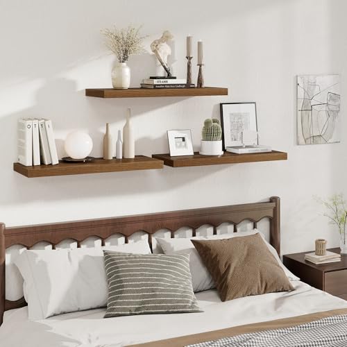Image of Fun Memories Deep Floating Shelves, 32W x 12D Walnut Wall Shelves, 32 Long Rustic Wood Wide Storage Shelves for Bedroom, Kitchen, Farmhouse, Laundry Room, Bedroom, Kitchen, Home Office- Set of 2