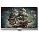 Nautical Vintage Sailing Pirate Ship Business Card Holder Fashion Aluminum Alloy Flip Cover Credit Card Holder High End Professional Name Cards Case Exquisite Pocket Metal Cards Holder for Work