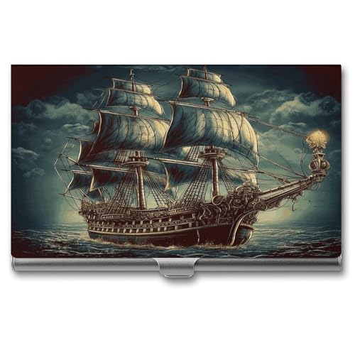 Nautical Vintage Sailing Pirate Ship Business Card Holder Fashion Aluminum Alloy Flip Cover Credit Card Holder High End Professional Name Cards Case Exquisite Pocket Metal Cards Holder for Work