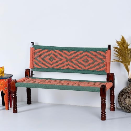 Image of Srima Wooden Bench for Living Room | Handcrafted Sheesham Wood Backrest Bench for Balcony & Garden | Traditional Rajasthani Patio for Outdoor with Cotton Handwoven Rope | Green and Orange