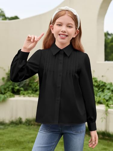 Haloumoning Girls Shirts Puff Long Sleeve Button Down Blouse Pleated School Uniform Dress Shirt Tops 5-14 Years2