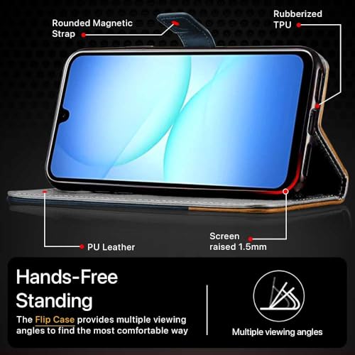 Image of FLIPPED Vegan Leather Flip Case Back Cover for Samsung Galaxy M17 5G | A17 5G | F17 5G (Flexible, Shock Proof | Hand Stitched Leather Finish | Card Pockets Wallet & Stand | Irish Blue with Tanned Oak)