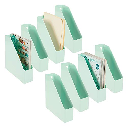 mDesign Plastic Sturdy File Folder Bin Storage Organizer - Vertical with Handle - Holds Notebooks, Binders, Envelopes, Magazines - Container for Home Office and Work Desktops - 8 Pack - Mint Green