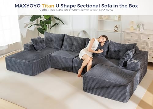 Image of MAXYOYO 132 inch Giant U-Shaped Modular Sectional Couch, Modern Boneless Couch for Living Room, Sofa in A Box, Oversized Sofa with Deep Seat, No Assembly Required, Dark Grey