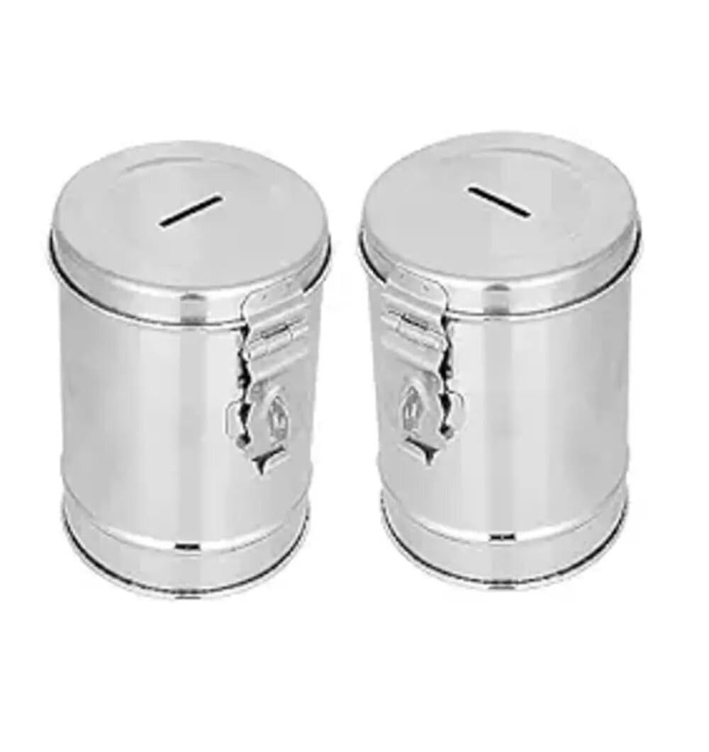 HEMSHIKA Piggy Bank |100% Stainless Steel Round Shape Coin Box Money Bank Pack of 2 (B0CKFBH364) Amazon Price History, Amazon Price Tracker