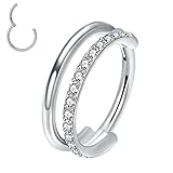 VOJO G23 Titanium 16G Cartilage Septum Hoop Piercing Jewelry Double Row Plated CZ Beads Conch Nose Rings Tragus for Women Men (10mm/0.394in, CZ Silver)