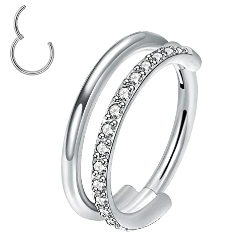VOJO G23 Titanium 16G Cartilage Septum Hoop Piercing Jewelry Double Row Plated CZ Beads Conch Nose Rings Tragus for Women Men (10mm/0.394in, CZ Silver)