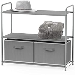 2 shelf grey storage shelf with 2 storage bins.