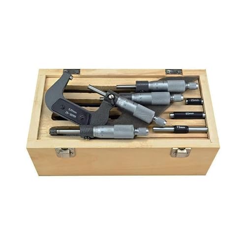 Coffret de 4 micromètres d'extérieur simples - Micromètres 0-25 mm; 25-50 mm 50-75 mm et 75-100 mm inclus dans le coffret - Lecture sur le tambour gradué au 0.01 millimètre - Micron France