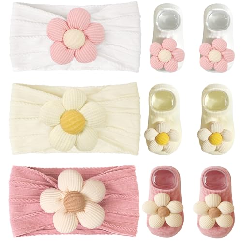 Image of CÉLLOT Baby Girl Headband and Socks, Non-Slip Floral Socks and Soft Floral Nylon Hairbands for Babies Infants and Toddlers