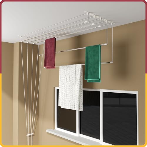 Image of Amiraj Individual Drop Down Ceiling Clothes Drying Stand | Heavy Duty Stainless Steel Cloth Dryer | UV Protected Nylon Ropes | Rust Proof Space Saving Laundry Rack | 5 Pipes, 4 Feet | Balcony & Indoor