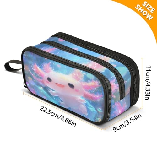 Image of Shiny Axolotl Pencil Case Box Boys Girls Large Pencil Pouch Zipper Compartments Big Capacity Stationery Pen Bag Organizer for Kids Teens Adults School Office