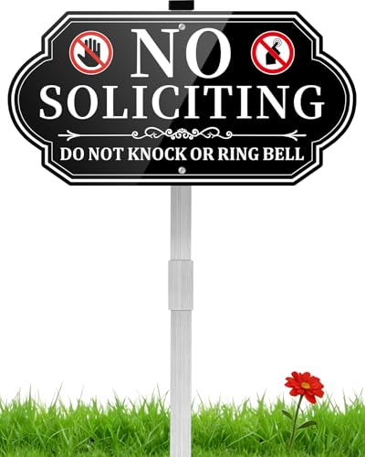No Soliciting Sign for House No Soliciting Yard Sign for Front Door Home Aluminum Metal No Solicitation Sign 14 x 7 inches with 28 inches Stake Do Not Knock or Ring Bell