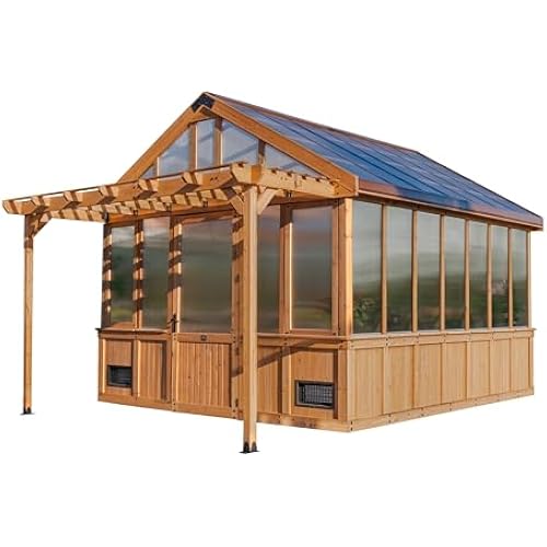 Backyard Discovery Bellerose XL 13' x 11' Cedar Wood and Polycarbonate Walk-in Greenhouse Kit with Pergola, Exhaust Fan, Windows, Hose Hook-Ups, PowerPort, Staging Shelves for Outdoor Gardening