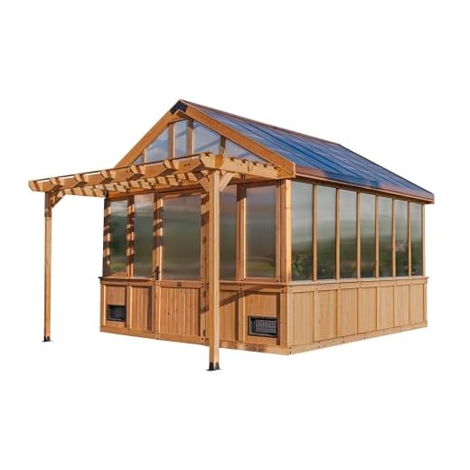 Backyard Discovery Bellerose XL 13' x 11' Cedar Wood and Polycarbonate Walk-in Greenhouse Kit with Pergola, Exhaust Fan, Windows, Hose Hook-Ups, PowerPort, Staging Shelves for Outdoor Gardening