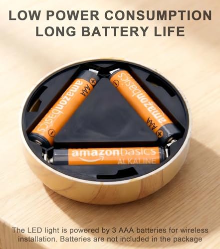 Image of Wood Grain LED Puck Light, 6 Pack Wireless Tap Light Battery Operated, 6000K Daylight White Push Light for Under Cabinet, Closet, Wardrobe, Shelf