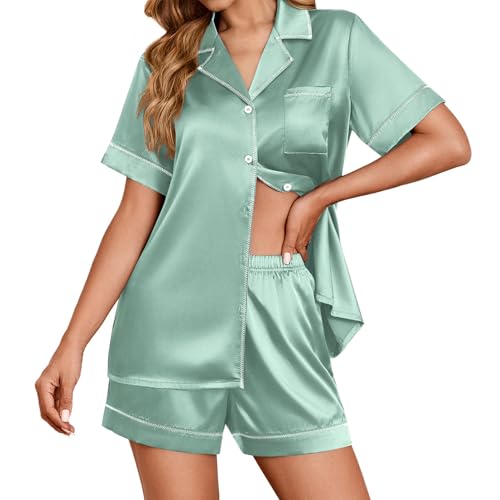 Image of Ekouaer Womens Satin Silk 2 Piece Pajamas Set Short Sleeve Sleepwear | Button Down Top and Shorts Loungewear Set for Sleep, Home, Wedding, Travel, Party, Daily Wear & Great for Sharing