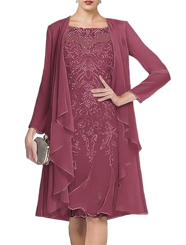 2 Piece Lace Mother of The Bride Dresses for Wedding with Jacket Long Sleeve Chiffon Prom Formal Evening Party Gown