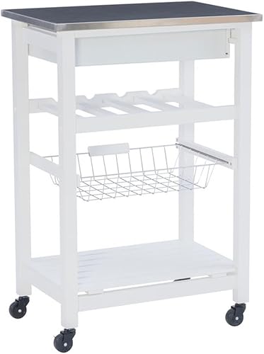 Miniatura 7 de Linon Raven - Carrito de cocina de acero inoxidable con ruedas y cajón extraíble para almacenamiento en color blanco