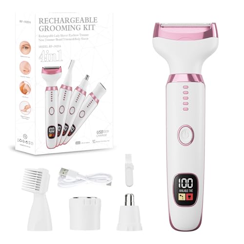 Beanify Electric Razor for Women Men with LED Display,4 in 1 Ladies Wet & Dry Body Razors and Facial Hair Remover, Rechargeable Hair Removal Kit for Nose Face Body Leg Bikini Arm Hair (Silver Pink)