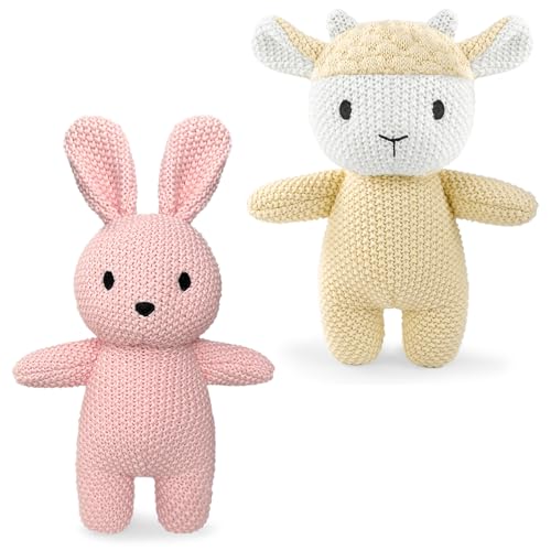 okegztoa 2 Pack Cotton Baby Plush Stuffed Animals Cute Bunny and Huggable Sheep Knitted Plush Toy Gifts for Kids and Newborns, Handmade Crochet Doll for Christmas, Easter (Rabbit+Sheep)