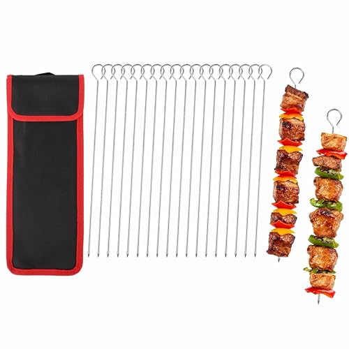 20 PCS 304 Stainless Steel BBQ Kebab Skewers with Storage Bag 11.81/30cm Reusable Metal Skewers for Oven Grill & Turkish Shish Adana Kofte