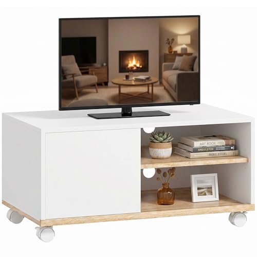 HOMCOM Meuble TV bas sur roulettes avec armoire, passe-câbles et étagère réglable, table TV pour téléviseurs jusqu'à 32