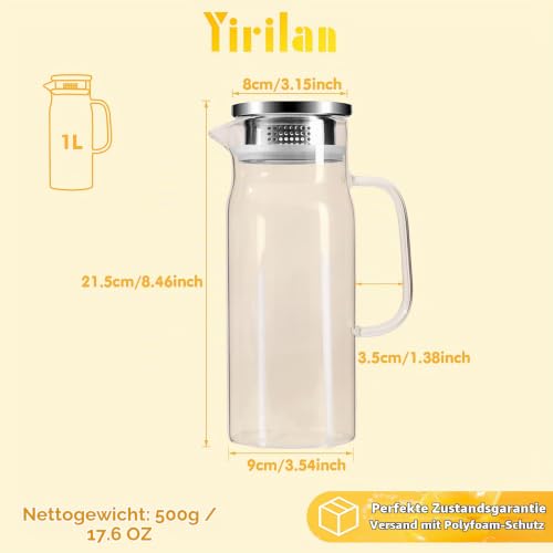 Yirilan 1 L Karaffe mit Deckel, Glaskrug, Wasserkaraffe, Transparent – Ansicht 5