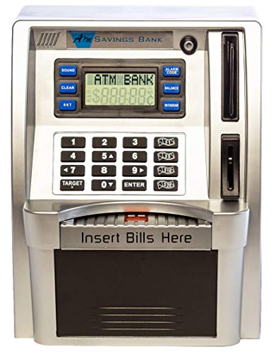 ATM Toy Savings Bank with Motorized Bill Feeder, Coin Reader and Balance Calculator (Black/Silver)