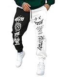 WDIRARA Men's Cartoon Letter Graphic Sweatpants Color Block Drawstring Waist Jogger Pants with Pockets Black and White S