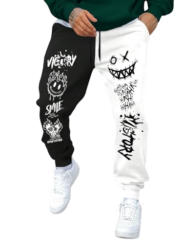 WDIRARA Men's Cartoon Letter Graphic Sweatpants Color Block Drawstring Waist