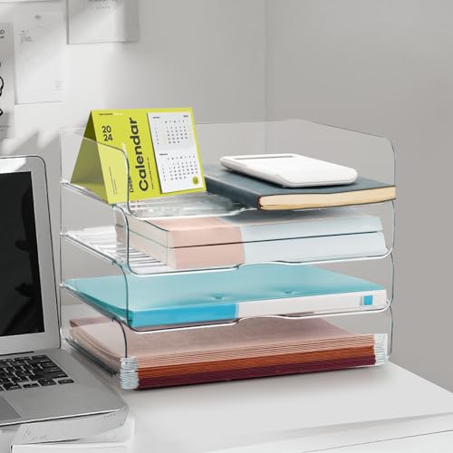 Desk Organizer and Tray, 4-Tier Paper Letter Tray, Stackable Clear Desktop Organizer for Documents, Paper, Books and Magazines, Office Supplies (Clear, 4 Pack) image 4