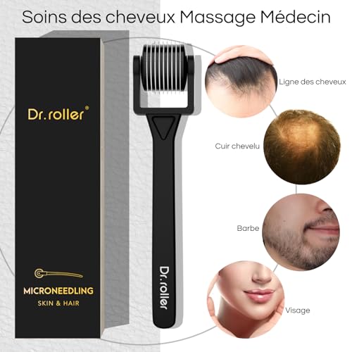 Dr.roller Derma Roller Cheveux, 1 mm Derma Roller Cheveux Repousse, Derma Roller Barbe 540 Micro-Aiguilles en Titane, Rouleau Barbe Homme, Microneedling Cheveux Barbe Visage (Poignée Droite Noir) – vue 4