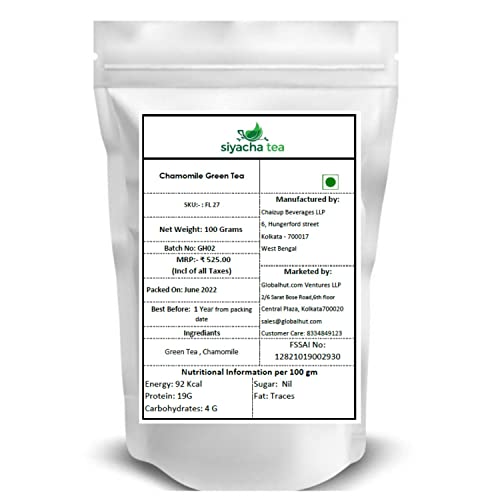 Image of Siyacha Tea Chamomile Green Tea, 100 Grams, Night Time Tisane, Bed Time Chai, Relieving Stress & Anxiety, Made with 100% Whole Leaf & Natural Chamomile Flowers, Makes 50 Cups (approx)