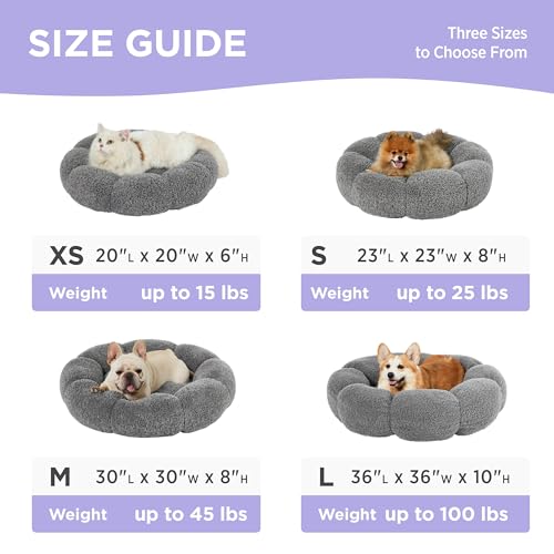 lesure calming large dog bed - flower donut round fluffy puppy bed in plush teddy sherpa non-slip cute flower dog beds large pet bed fits up to 100 lbs machine washable grey 3634