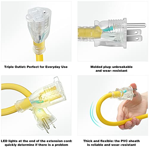 8 Pcs 1Ft 12/3 Heavy Duty Lighted Sjtw Indoor Outdoor Yellow Extension Cord With 3 Prong Lighted End Safety Grounding Plug By Watts Wire 1' 12 Gauge 15 Amp Grounded Power Cords, 1' 12 Awg Yellow #TOP3