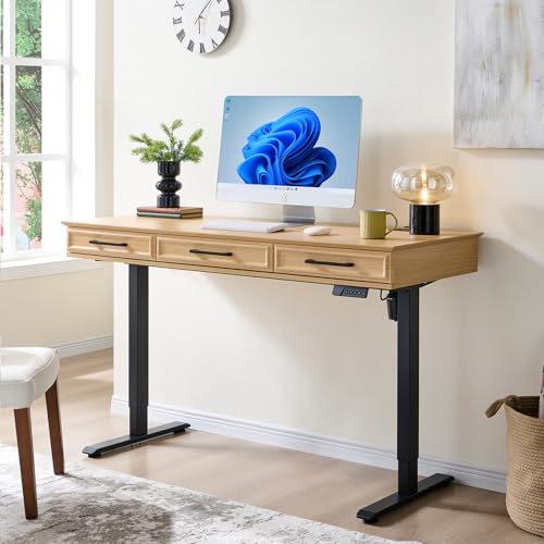 wow97e 55x22 Inch Electric Standing Desk with One-Piece Desktop, Adjustable Height Computer Desk w/3 Storage Drawers & Power Outlets,Sit to Stand Up,Gaming Table for Home Office and Study, Natural Oak