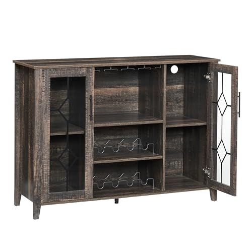 Image of Farmhouse Wine Bar Cabinet with LED Light, Wood Storage Cabinet with Glass Doors, Adjustable Shelves, Wine & Coffee Station for Dining Room, Living Room, Home Bar,Oak