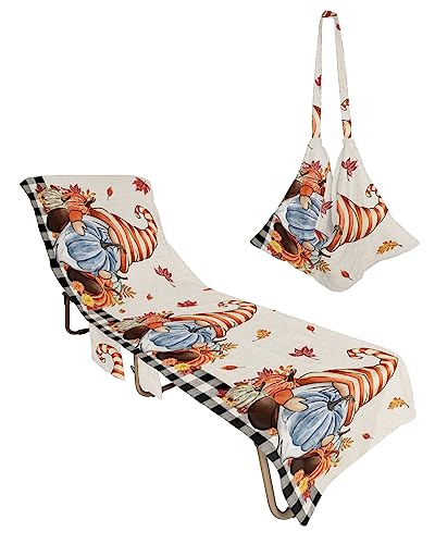 Thanksgiving Plaid Beach Chair Towel Covers for Chaise Lounge with Side Pocket, Soft Plush Pool Towels Cover for Patio Sunbathing Outdoor 29''x85'' Buffalo Check Gnomes Pumpkins Black Beige