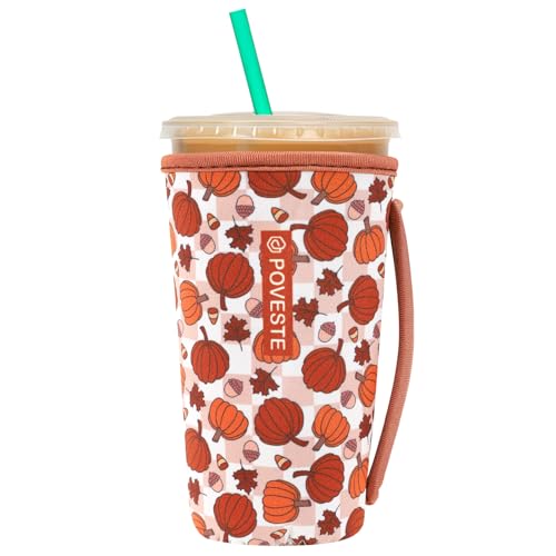 Image of Reusable Neoprene Insulator Sleeve for Iced Coffee & Cold Soda, Coffee Sleeves for Iced & Hot Drinks, Cold Beverage Cooler Compatible with Starbucks, Dunkin (Checkerboard Pumpkin, Large: 32oz)