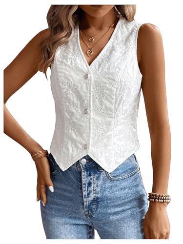 SHENHE Women's Eyelet Embroidery V Neck Button Up Vest Boho Sleeveless Blouse Top