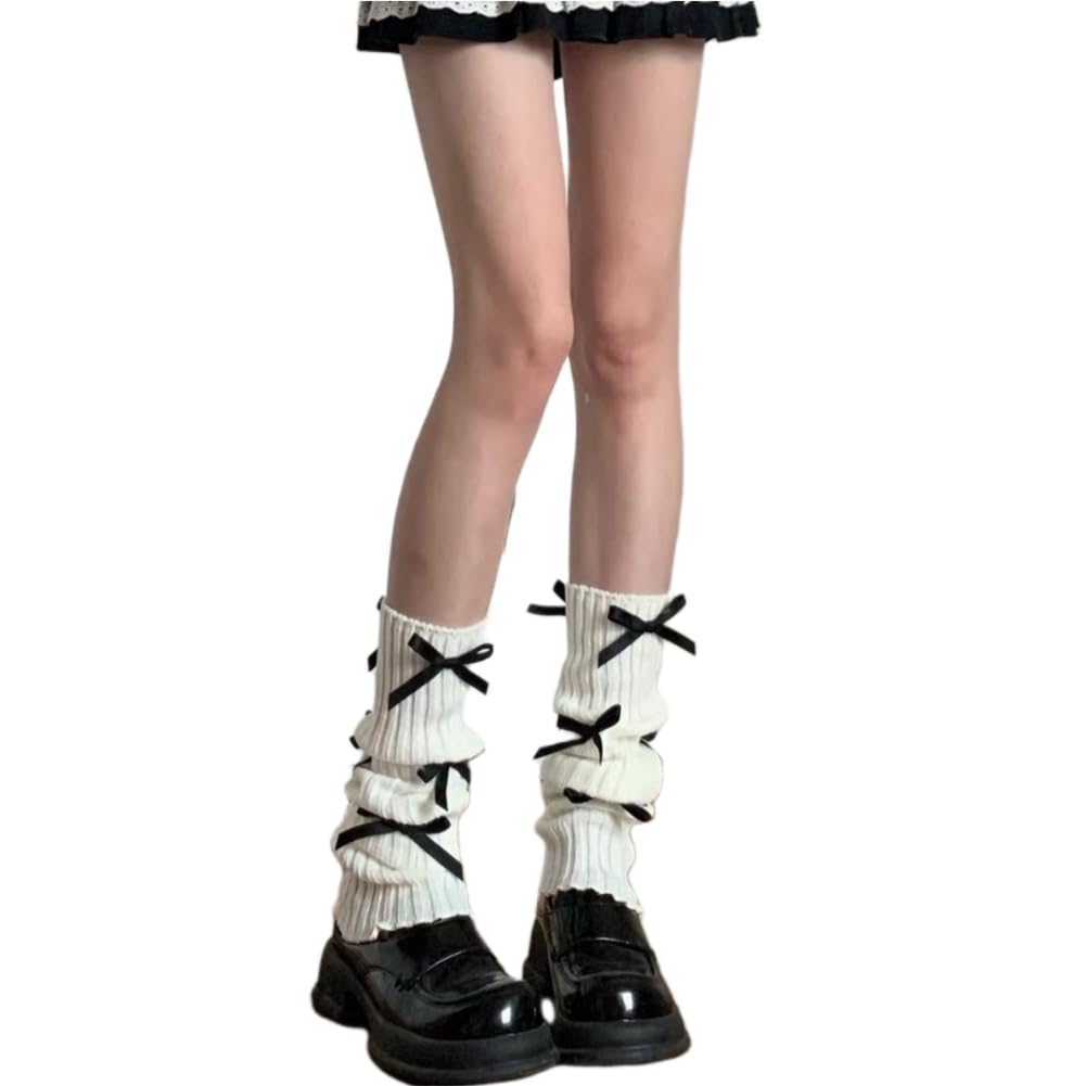 AKAMAS Womens Girls Knitted Leg Warmers,Long Boot Cuff Knee Socks for Ballet Dance Skating,Warm Legwarmers with bows,Cute Knee High Leg Covers,Grey White Long Crochet Leg Sleeve,Loose Socks B