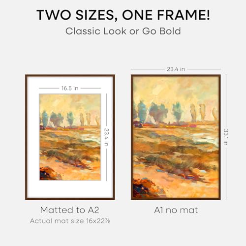 Image of Homeforia A1 Brown Oak Poster Frame, High-End Wood, A2 Mat, Glass | High End Solid Oak Wood, Tempered Glass, Acid-Free A2 Removable Mat, A1 Edge-to-Edge Display, Wall Kit, Set Of 1