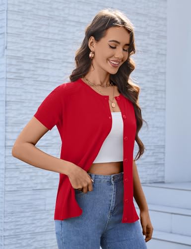 Image of FreshNight Women's 2025 Short Sleeve Cardigan Button Up Hollowed Out Crewneck Shrug Sweaters Knit Sweater Tops Lightweight