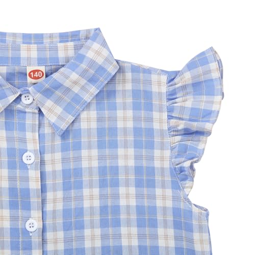 Image of Girls Sleeveless Plaid Button Down Shirt Summer Crop Tops Tie Knot Ruffle Sleeve Shirt Blouse 3-12Y