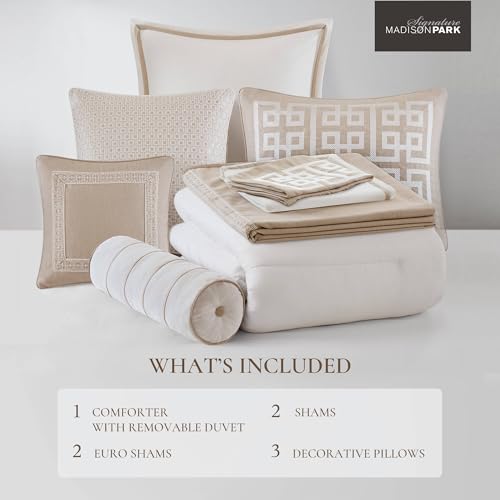 Image of Madison Park Signature Oversized Queen Comforter Set, Luxury Hotel Style Bedding with Embroidered Details, All Season Down Alternative Comforter, Matching Shams & Decorative Pillows, Taupe, 8 Piece