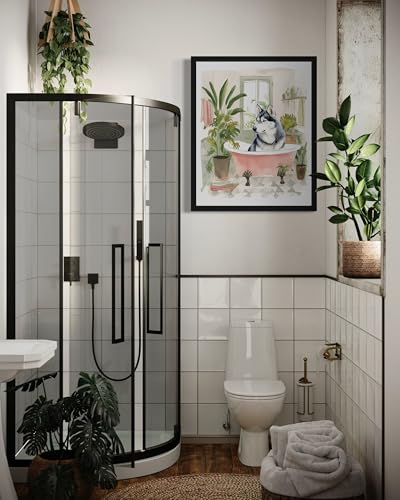 Image of Husky in Bathtub Black Framed Wall Art Poster Print, Animal Bathtub Restroom Wall Art Painting for Bathroom Decor Gallery Gallery 30 (Husky in Bathtub, 14 inch L x 11 inch W, Black Frame)
